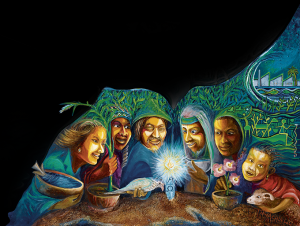 Die Menschheitsfamilie hat sich versammelt.:  Hungertuch 2015, gestaltet vom  nigerianischen Künstler Tony Nwachukwu.